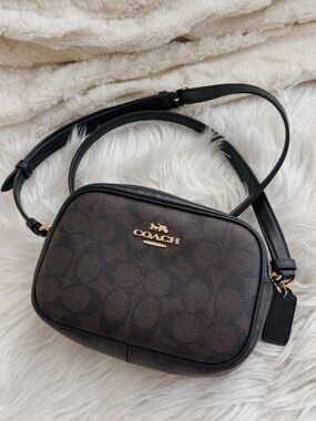 COACH Mini Camera Crossbody Bag Signature Canvas Brown Black & Gold